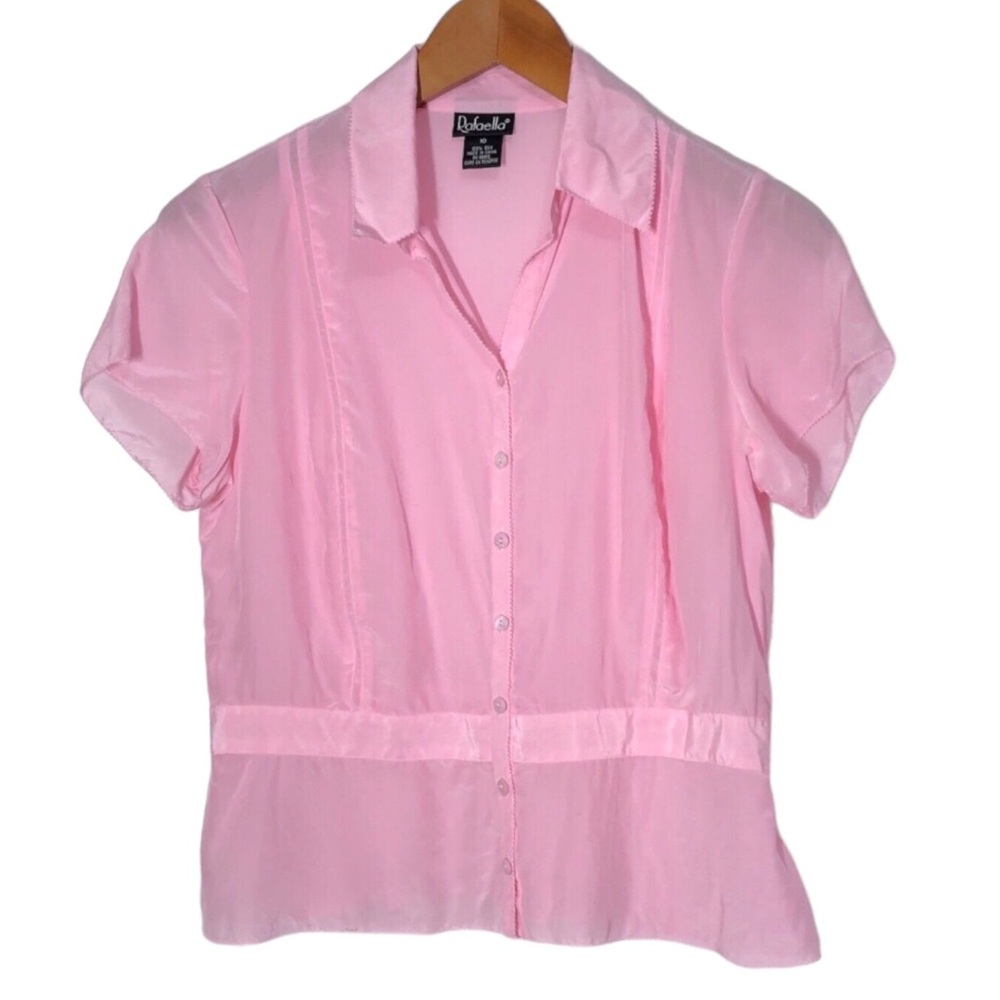 Rafaella Sheer Vintage Silk Blouse Button Front Short Sleeve Womens Size 10 Pink